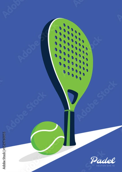 Obraz Modern padel racket and ball vector. Blue background sports illustration for padel-themed content.