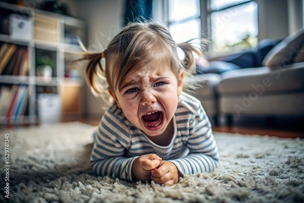 Obraz A little girl is lying on the floor. Childish hysteria. The child screams, sobs, gets cranky and gets hysterical. Discontent.