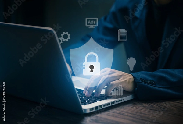 Fototapeta Cybersecurity concept with businessman typing on laptop, protected by digital lock icon. Data protection, privacy, and secure internet communication technology.