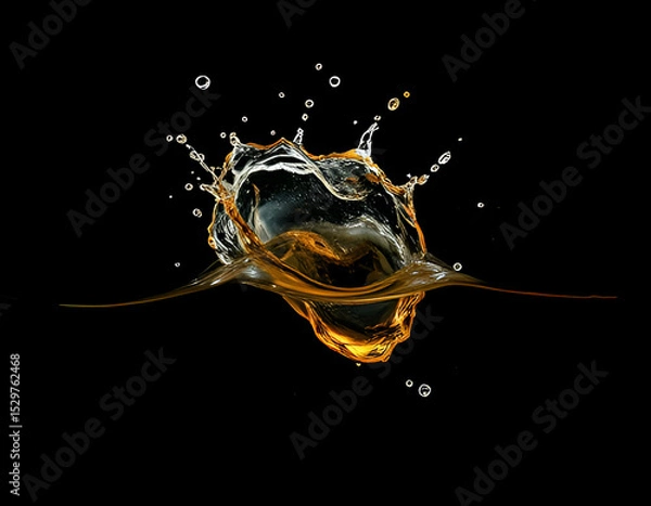 Fototapeta a golden liquid splash, possibly beer or whiskey, captured mid-air against a black background. Dynamic motion and crystal clarity highlight fluid energy