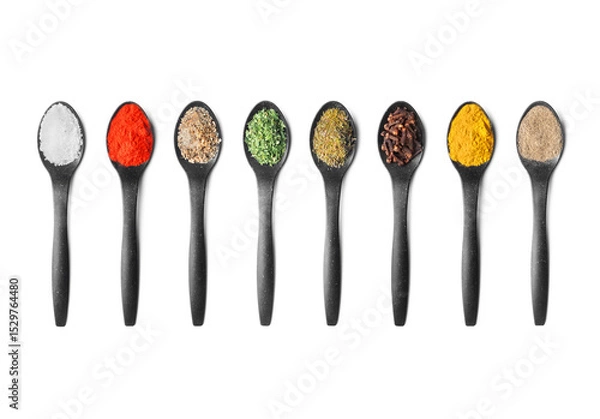 Fototapeta A row of black spoons filled with various colorful spices and seasonings, neatly arranged on a white background