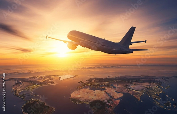 Fototapeta Passenger jet plane flies sun rise or sun set background. Flight takeoff or going up showing recovery or regain height in business.
