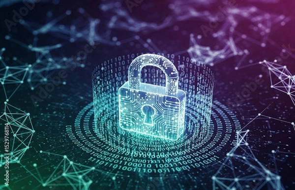 Fototapeta Digital lock, cyber security concept. Padlock on a  circuit board background represents security and technology.