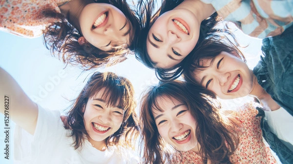 Obraz 青空と笑顔が爽やかな女性の集合写真
