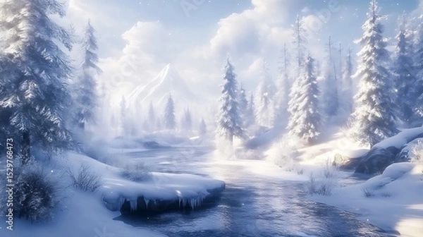 Obraz A snowy winter landscape with frost-covered trees and a frozen river 