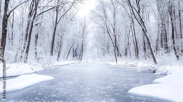 Obraz A snowy winter landscape with frost-covered trees and a frozen river 