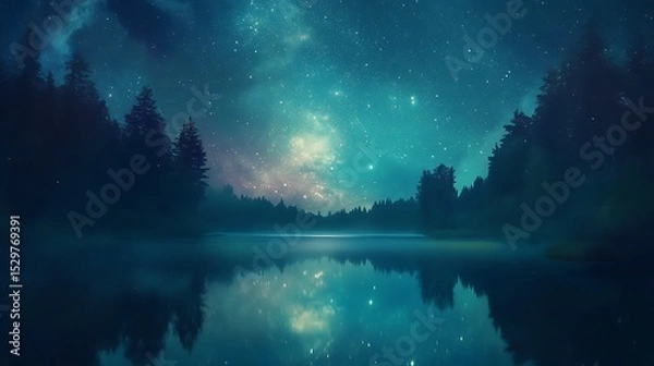 Obraz A starry night sky over a tranquil lake surrounded by trees 