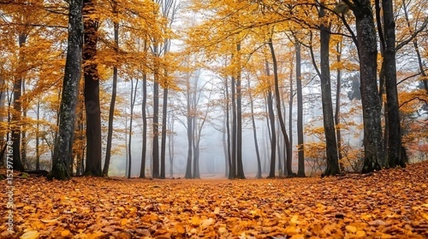 Obraz A tranquil autumn forest with golden leaves carpeting the ground and a misty backdrop 