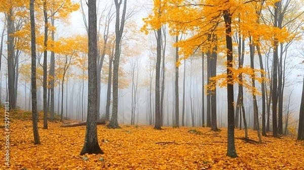 Obraz A tranquil autumn forest with golden leaves carpeting the ground and a misty backdrop 