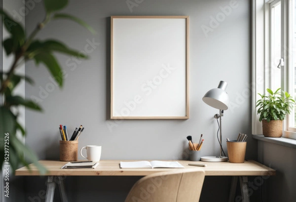 Fototapeta Minimalist workspace with a wooden desk, potted plants, and natural light from the window
