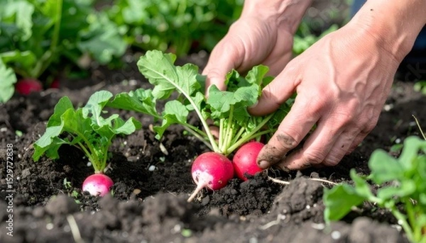 Fototapeta Gardener's hands extracting crisp red radishes from dark, fertile soil, highlighting organic farming and homegrown vegetable harvest