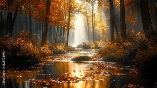Fototapeta A tranquil autumn forest with a small stream running through, fallen leaves floating on the water, and sunlight filtering through the trees