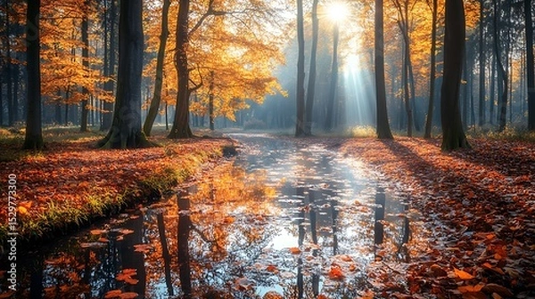 Obraz A tranquil autumn forest with a small stream running through, fallen leaves floating on the water, and sunlight filtering through the trees