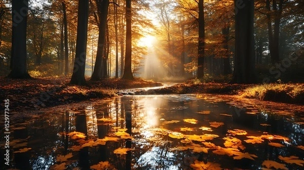 Obraz A tranquil autumn forest with a small stream running through, fallen leaves floating on the water, and sunlight filtering through the trees