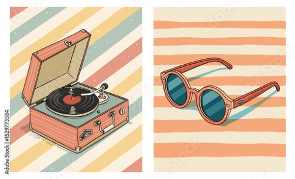 Fototapeta Naive drawing set of two vector images for retro decor: vintage record player and stylish sunglasses for nostalgia