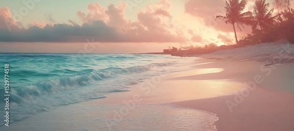 Obraz A tranquil beach at dusk with a soft, pink sky and gentle waves 