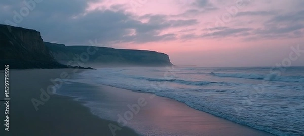 Obraz A tranquil beach at dusk with a soft pink sky and calm waves