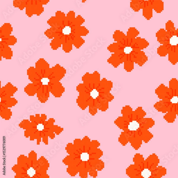 Fototapeta Pixel art colorful flowers vector seamless pattern, 8-bit retro video game cute design. Flat vector illustration for backgrounds, textile, social media, design