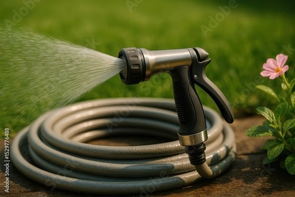 Obraz Coiled garden hose with nozzle ready for watering in a sunny country house garden