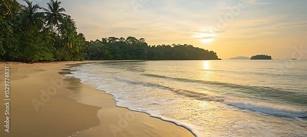 Obraz A tranquil beach at sunset with gentle waves and distant islands