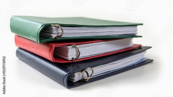 Fototapeta A set of three ring binders stacked on their sides on a white background