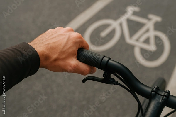 Obraz Close up of cyclist's hand gripping bicycle handlebar on urban bike lane with clear road marking in daylight