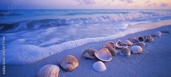 Obraz A tranquil beach with seashells scattered along the shore 