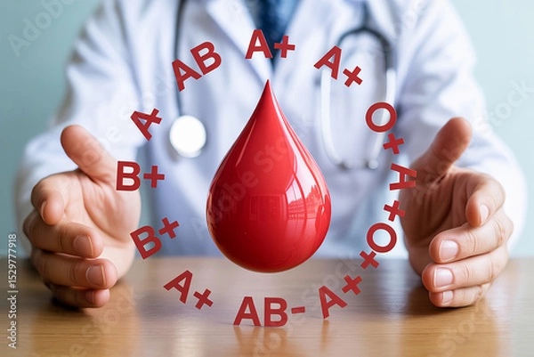 Obraz Doctors Hands Gently Holding a Blood Drop with Surrounding Blood Types A B AB O Positive and Negative
