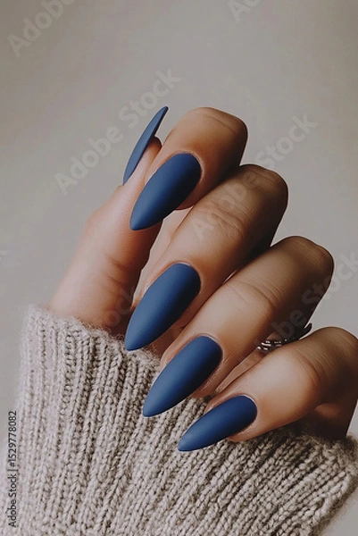 Obraz Modern elegance with a matte finish: Hands with long, pointed nails, painted in a deep blue shade with a sophisticated matte effect. Ideal for beauty, fashion and contemporary nail art themes.