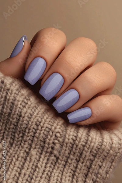 Obraz Serene elegance with a touch of luxury: Hands with rectangular shaped nails, painted in a pastel lilac shade, with a delicate gold detail at the base of the index finger nail. Ideal for beauty themes,