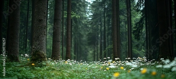 Obraz A tranquil forest clearing with wildflowers and tall trees 