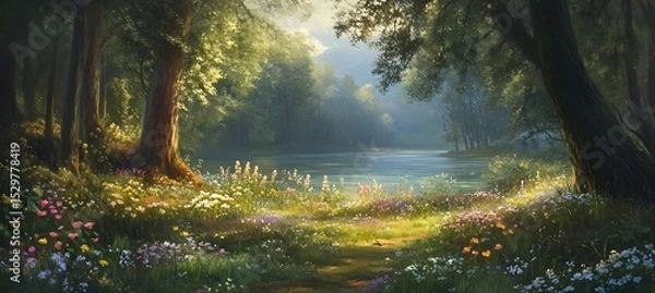 Obraz A tranquil forest clearing with wildflowers and tall trees 