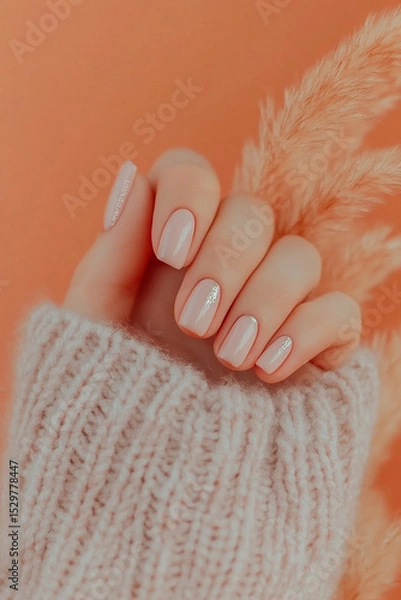 Obraz Softness and natural connection: Hand with delicate nude nails holding a dried plant branch against a monochromatic orange background. Ideal for themes of well-being, nature, simplicity and self-care 