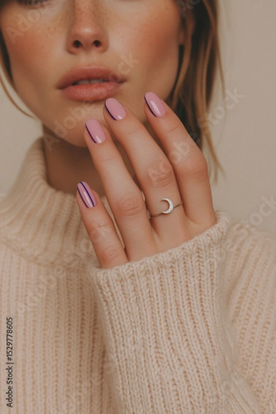 Obraz Natural beauty with a mystical twist: Close-up of a woman with light brown hair and freckles, showing off a delicate lavender manicure with stripes and a crescent moon ring. Ideal for wellness, beauty