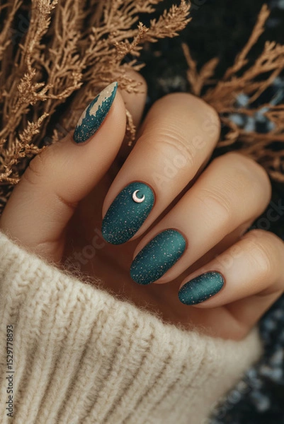 Obraz Textured, nocturnal elegance: Hands with nails in a deep shade of matte teal, with one nail glossy and the other adorned with a delicate crescent-shaped applique. Ideal for themes of beauty, autumn, s