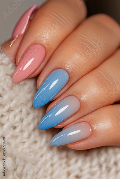 Obraz Delicate gradient: Hand with almond-shaped nails, featuring a soft gradient from pale pink to blue. Ideal for beauty themes, nail art trends, color transitions and an elegant look.