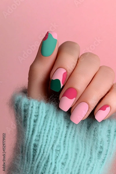 Obraz Modern and artistic manicure: Hand with oval-shaped nails, featuring an abstract design with blocks of color in teal, light pink and burgundy, on a pink background. Ideal for beauty themes, creativity