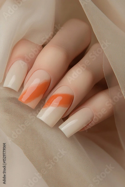 Obraz Modern elegance with a pop of color: Square-shaped nails featuring a minimalist design with a nude base and a diagonal orange line. Ideal for beauty themes, nail art trends and understated sophisticat