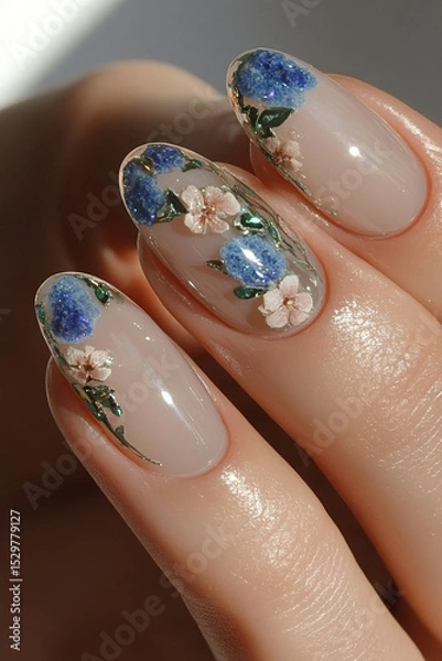 Obraz Floral and delicate elegance: Hands with long nude-toned nails adorned with detailed designs of blue and white flowers with green leaves. Ideal for spring, nature, sophistication and artistic nail art