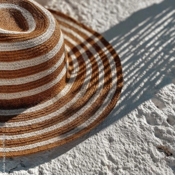 Obraz Brown and White Striped Straw Hat on Sandy Beach