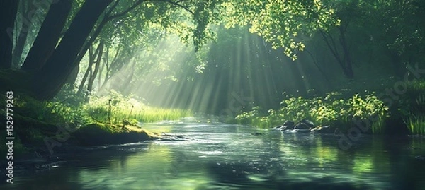 Obraz A tranquil forest stream with sunlight filtering through the trees