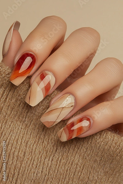 Obraz Elegant autumnal nail art: Hand with oval-shaped nails, featuring a geometric design in shades of brown, orange and cream, with gold line details. Ideal for beauty themes, autumn, manicure trends and 