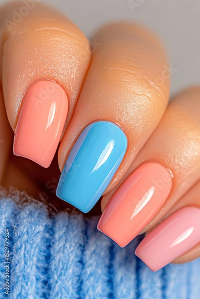 Obraz Harmonious pastel manicure: Hands with nails painted in soft shades of peach and blue, creating a delicate and modern look. Ideal for beauty themes, nail art trends, spring and self-care.
