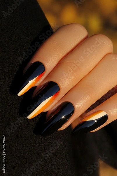 Obraz Bold elegance: Hands with long, pointed nails, painted in deep black with vibrant geometric details in orange, red and white. Ideal for beauty themes, evening fashion and nail design with personality.