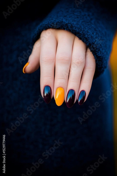 Obraz Modern autumn manicure: Hands with nails painted in deep shades of black and mustard yellow, creating an elegant contrast. Ideal for beauty themes, nail art trends, autumn and sophistication.
