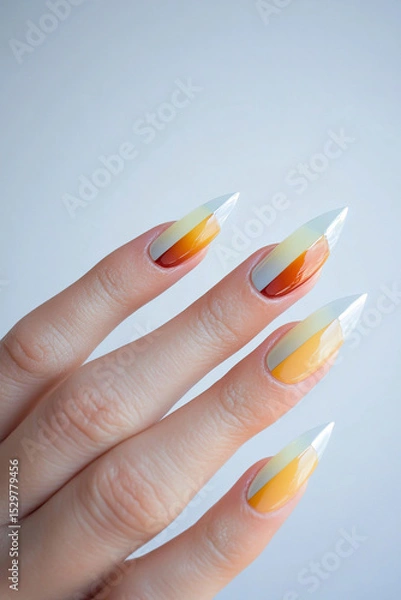 Obraz Bold and vibrant nail art: Pointed nails featuring a geometric design in shades of yellow, orange and red, which transition to white tips. Ideal for beauty themes, creativity and expressive manicure t