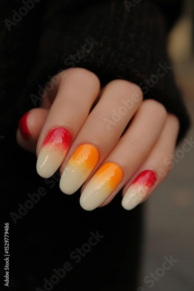 Obraz Vibrant Color Transition: Oval-shaped nails featuring a striking gradient from red to orange to cream. Ideal for beauty themes, nail art trends, fall and Halloween.