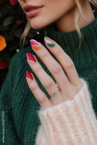 Obraz Vibrant and modern style: Hands with nails in bold shades of pink, orange and green, creating a geometric and eye-catching design. Ideal for beauty themes, nail art trends, creativity and contemporary