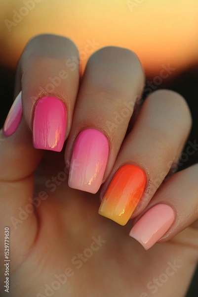 Obraz Vibrant gradient manicure: Hands with nails painted in shades of pink and orange, creating an ombré effect reminiscent of a sunset. Ideal for summer themes, beauty, nail art trends and joy.