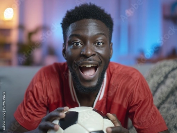 Fototapeta Football enthusiast reacting during match indoors with red uniform